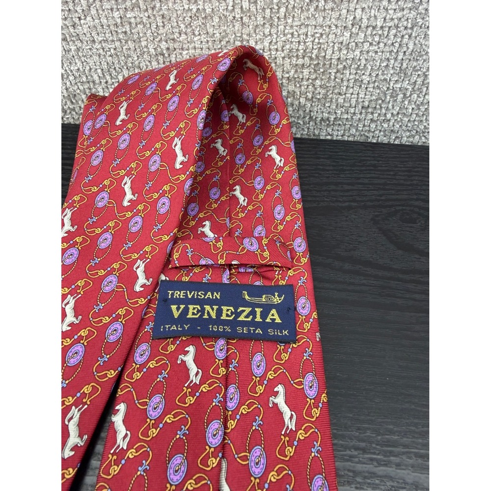 Trevisan Venezia Mens Red Silk Equestrian Horse Print Tie Made in Italy‎ - Picture 6 of 7